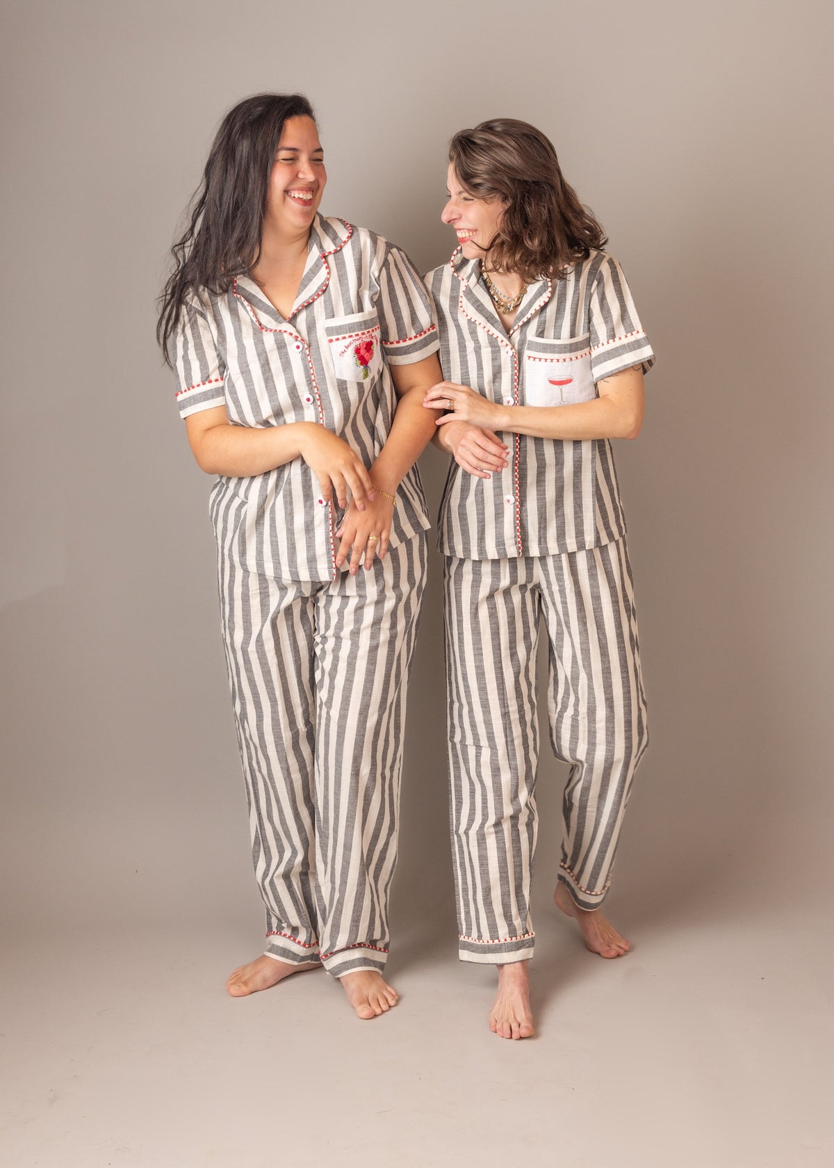 Rose - Grey Stripe Embroidered Cotton Pyjama Set