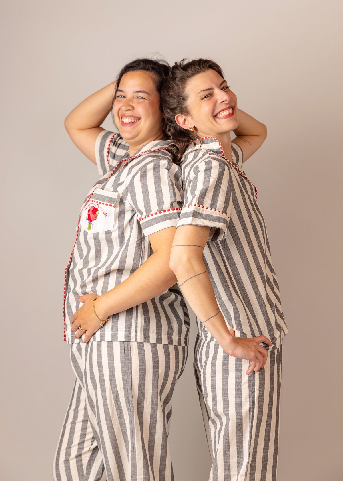 Rose - Grey Stripe Embroidered Cotton Pyjama Set