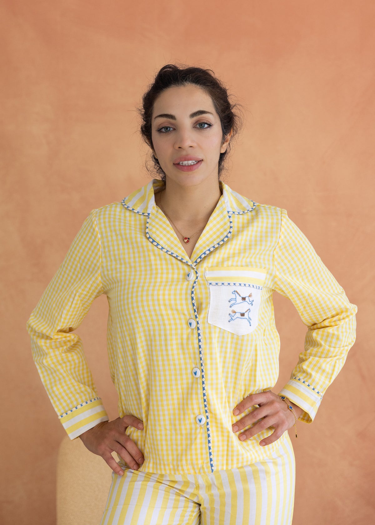 Pippa - Yellow Gingham & Stripe Cotton Poplin Pyjama Set