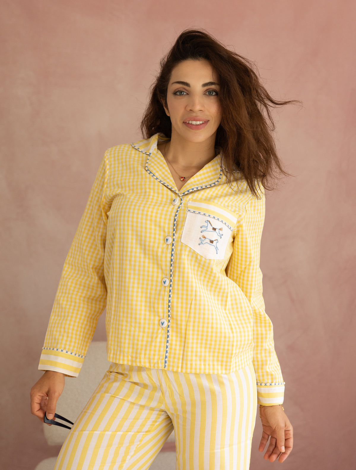 Pippa - Yellow Gingham & Stripe Cotton Poplin Pyjama Set