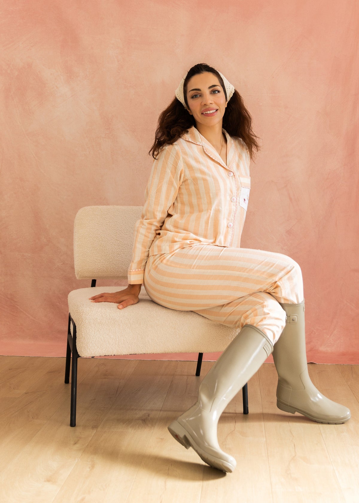 Lila - Peach Stripe Embroidered Cotton Pyjama Set