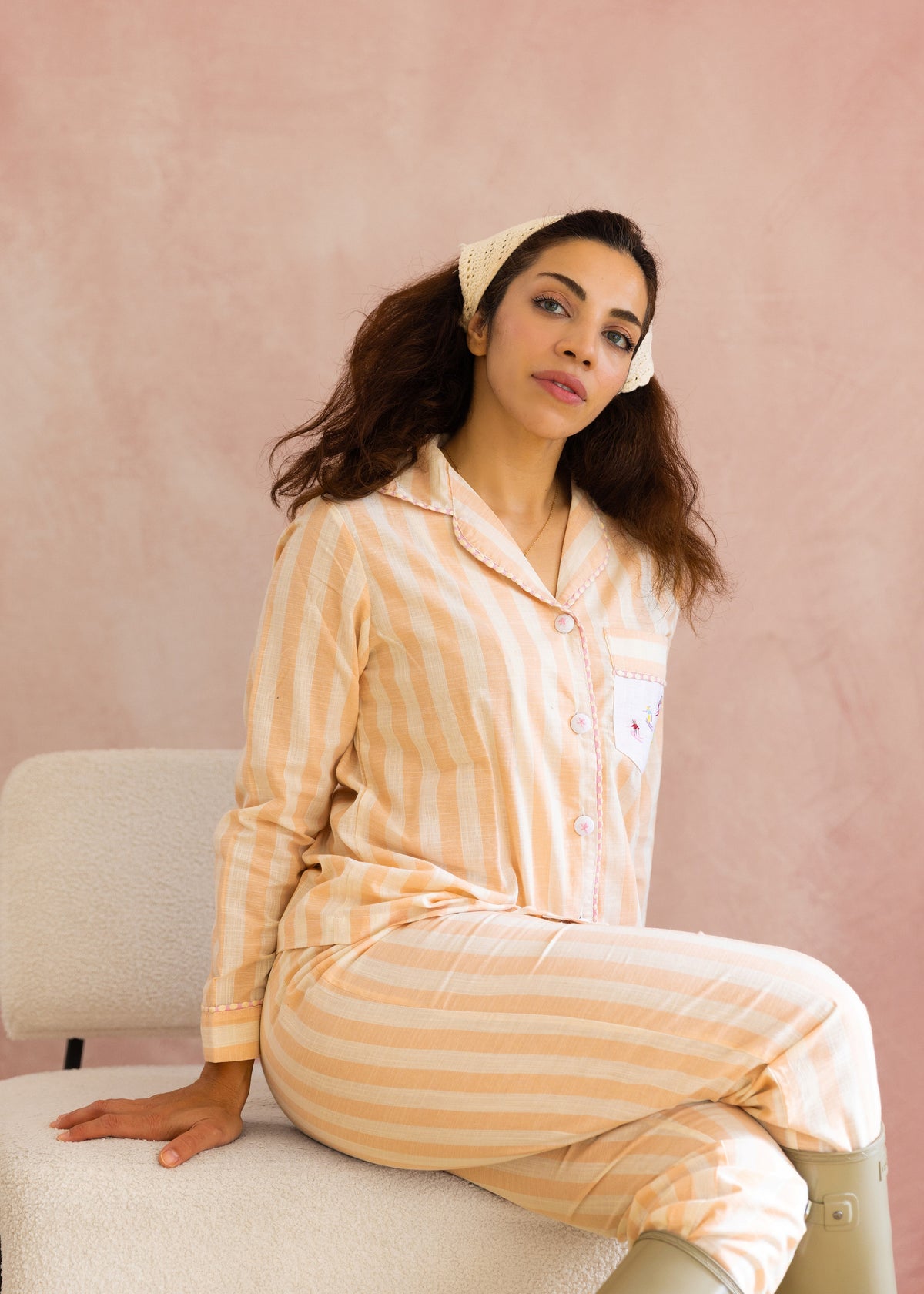 Lila - Peach Stripe Embroidered Cotton Pyjama Set