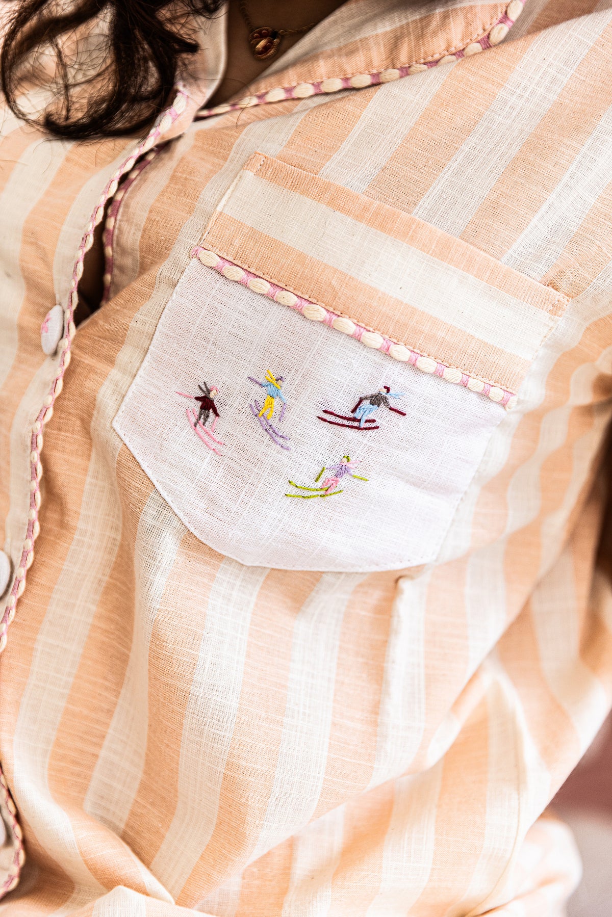 Lila - Peach Stripe Embroidered Cotton Pyjama Set