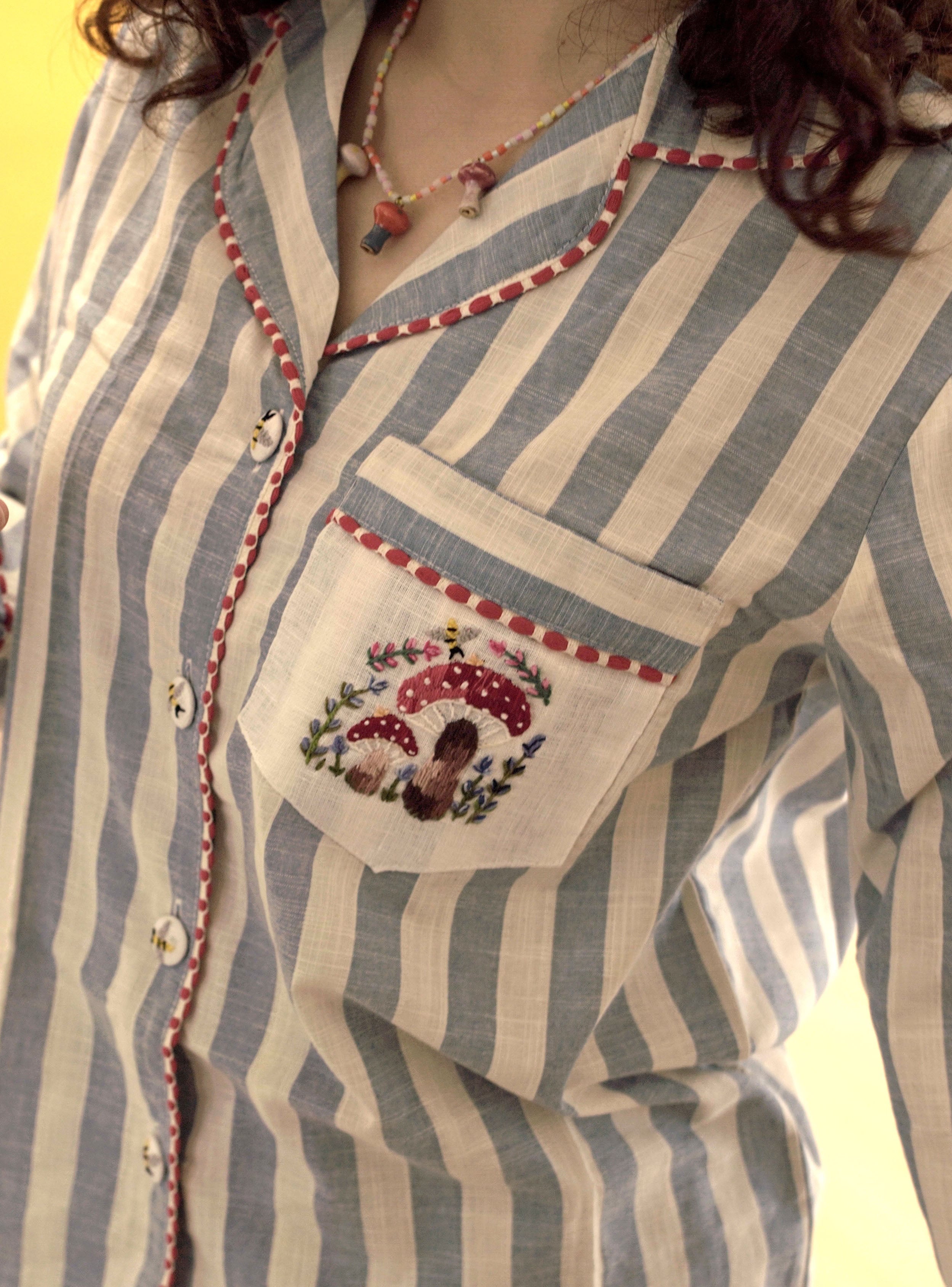 Striped BLUE shirt with a mushroom embroidered pocket 