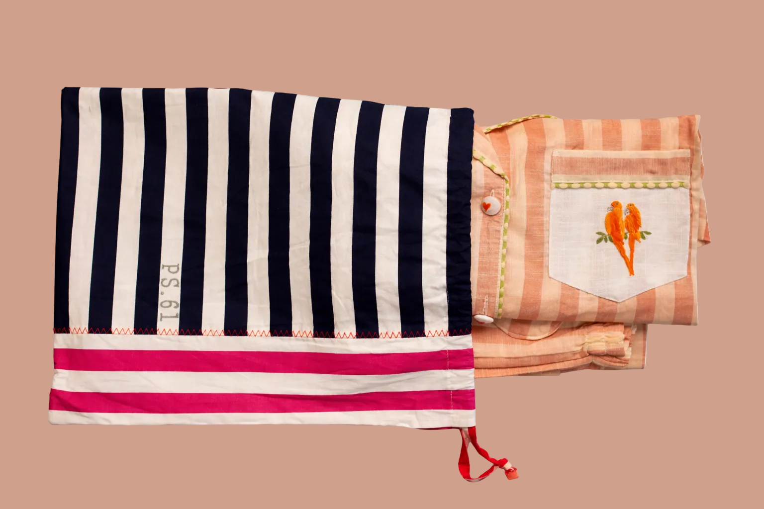 Striped Cotton Flamé Set – Parrot Embroidery - Orange