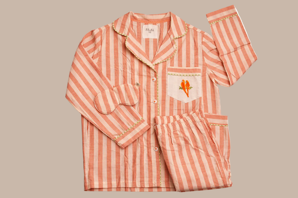 Striped Cotton Flamé Set – Parrot Embroidery - Orange