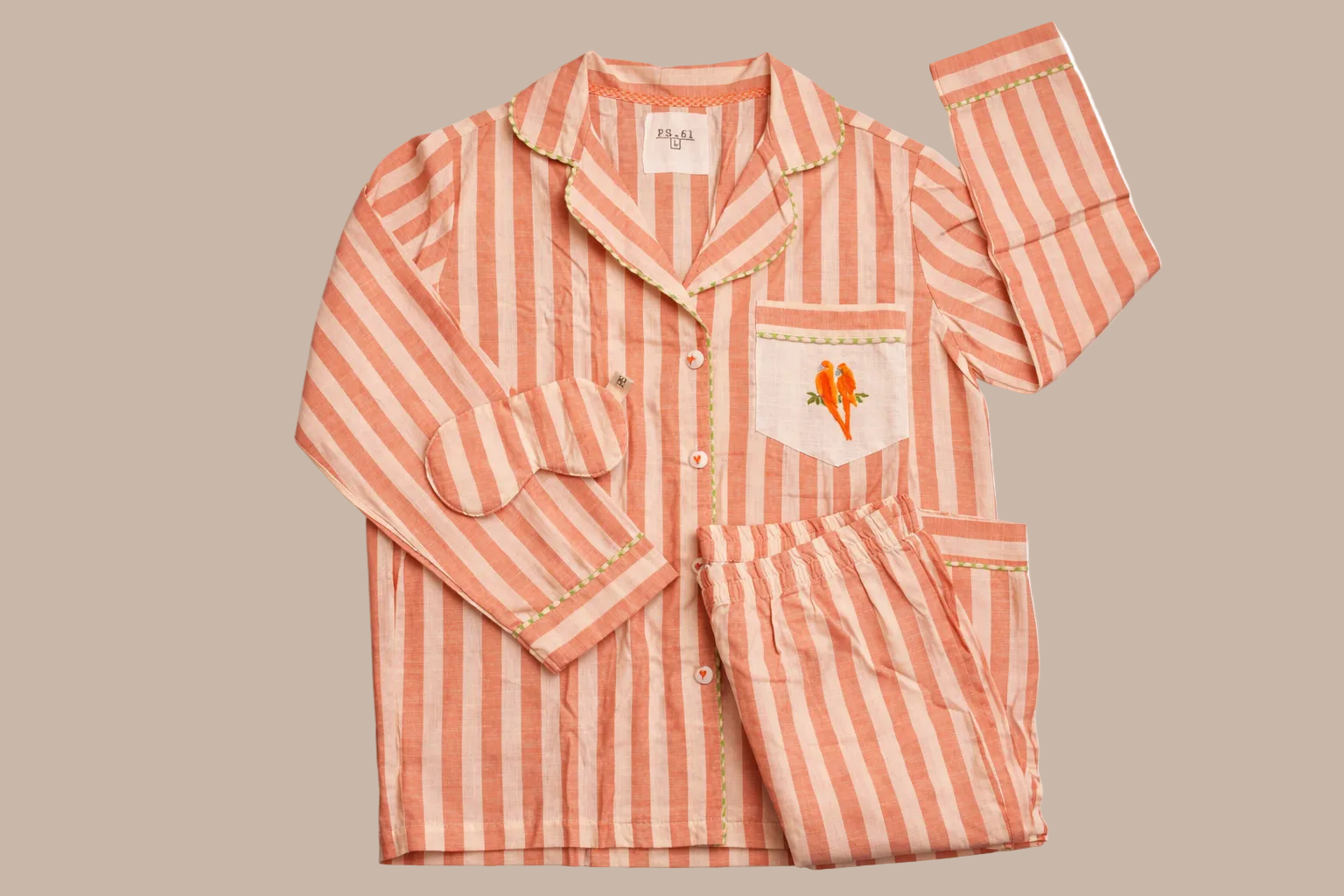 Striped Cotton Flamé Set – Parrot Embroidery - Orange