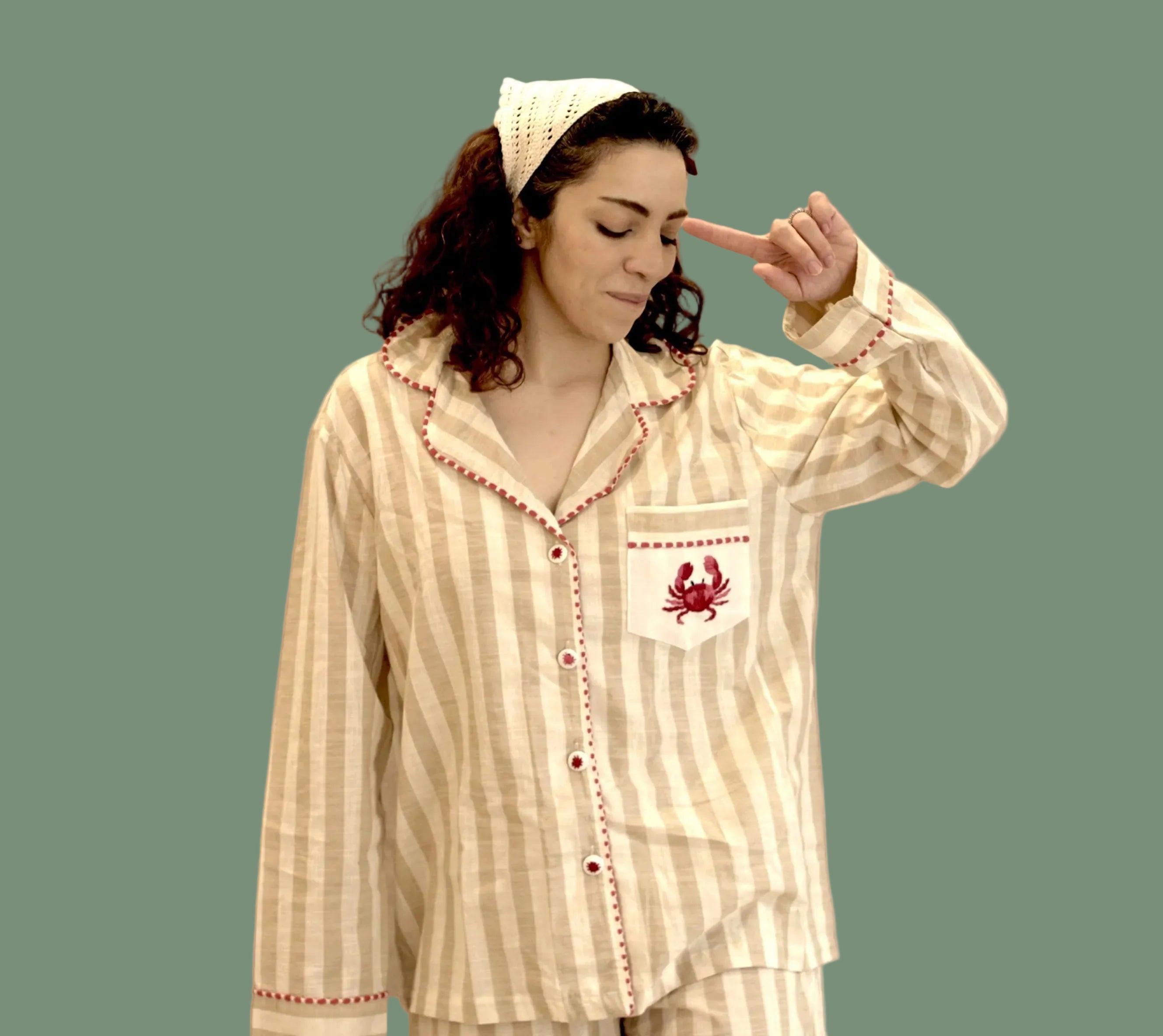 Striped Cotton Flamé Set – Crab Embroidery
