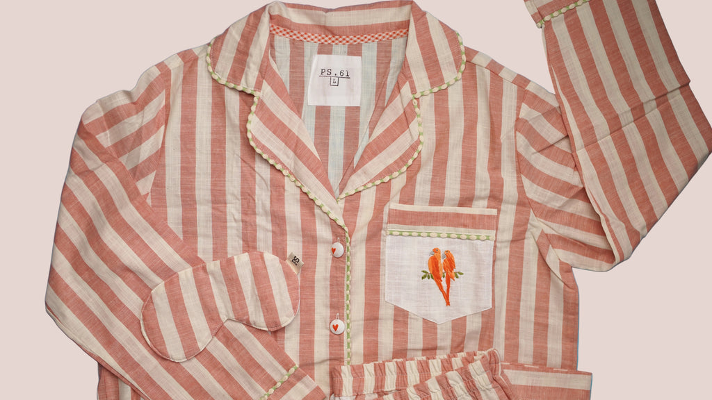Striped Cotton Flamé Set – Parrot Embroidery - Orange