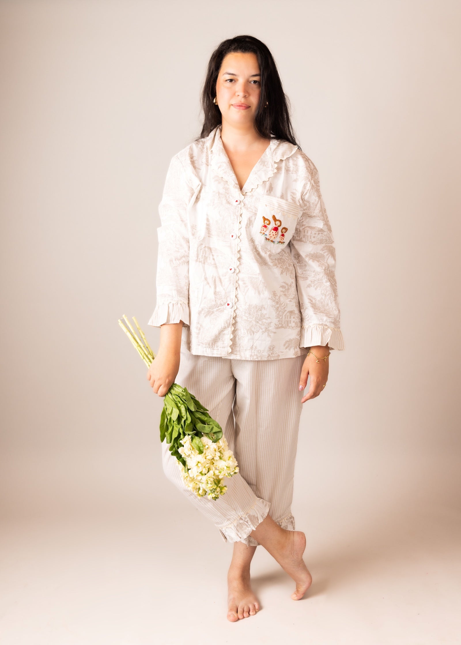 model wearing a beautiful and delicate pyjama set from ps61 in the uk